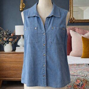 Anne Klein Sleeveless Denim Button Shirt Ladies Size Large